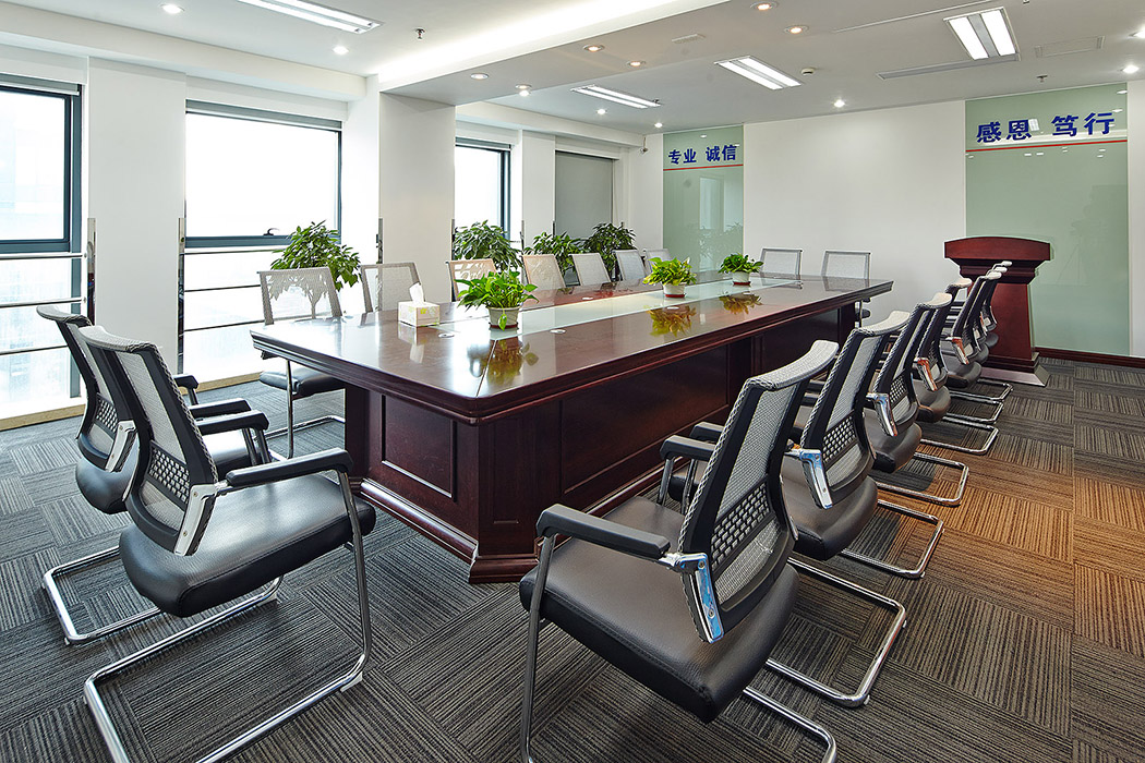 以銀、白、灰為基調，方正硬朗、有棱有角的吊頂及幕墻突顯著化工企業的陽剛主題；整間會議室以綠色植物為點綴，給這份陽剛帶來一些溫厚，增添了幾許別致的情趣。
