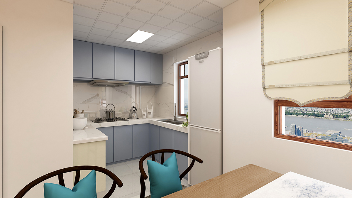 廚房做成了開放式的廚房，使整個空間從客廳、餐廳到廚房看起來更加寬敞，光線、通風(fēng)也更加好些。墻面采用水墨式墻磚、藍(lán)色的晶鋼板櫥柜門板與整個風(fēng)格相呼應(yīng)。
