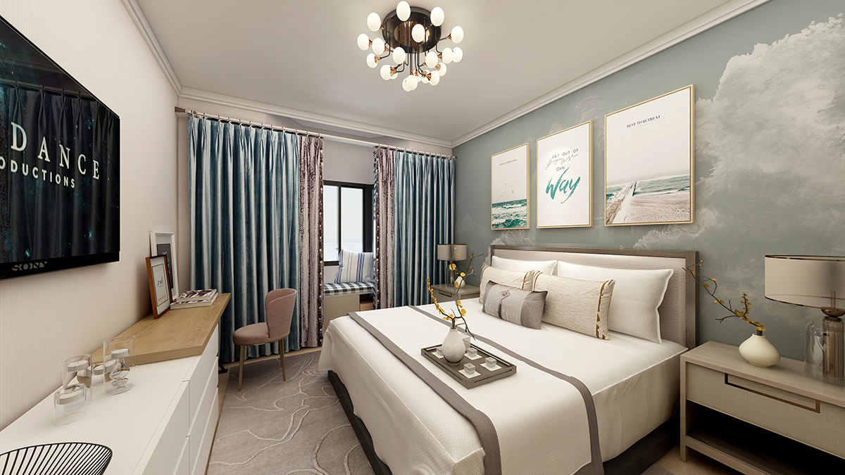 主臥因?yàn)榕魅讼肷晕F(xiàn)代點(diǎn)，所以在整個色調(diào)與風(fēng)格統(tǒng)一下，用淡雅的壁紙做床頭背景，與簡易的軟裝輕中式家具陳設(shè)來營造空間。同時床對面電視下矮柜與梳妝臺一體式的定制既個性又無違和感。
