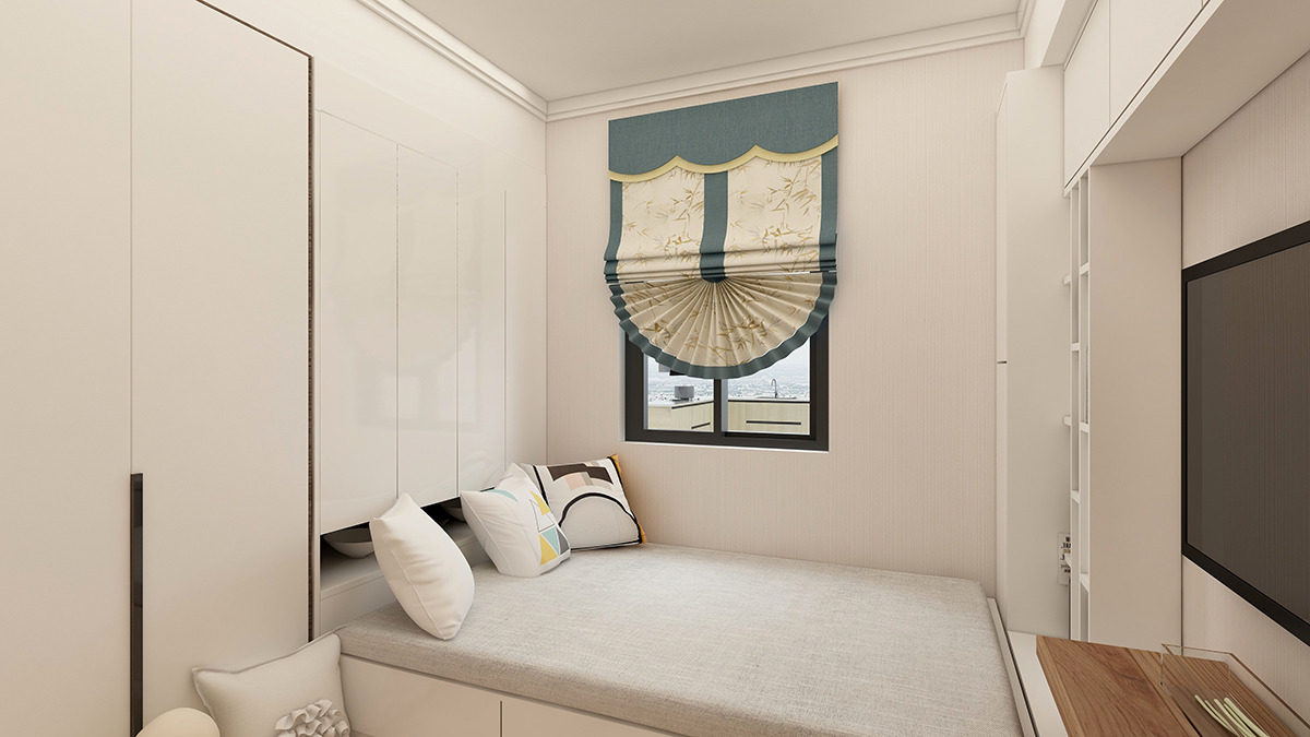 小房間因?yàn)殚L寬尺寸比較尷尬，所以采用榻榻米定制柜來使空間充分被利用，床頭的大衣柜兼具有衣帽間的功能，電視柜采用定制的與裝飾柜一體式設(shè)計，一些飾品和包包有了歸屬。
