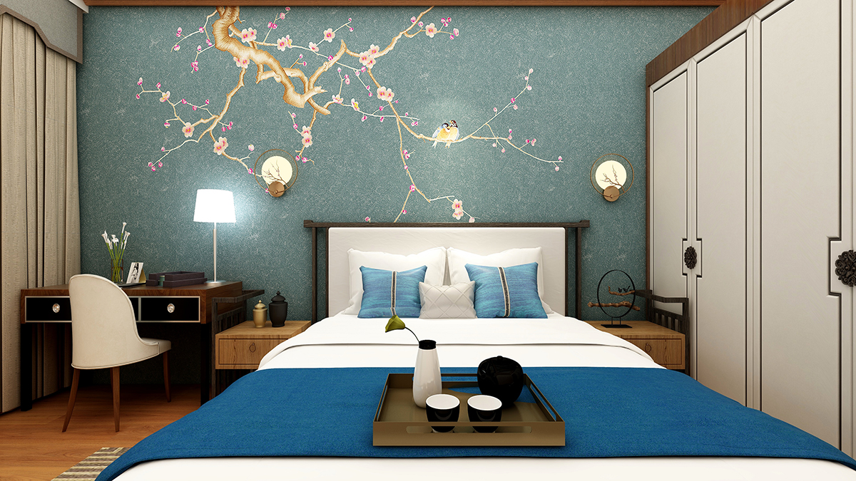 老人房在整個色調(diào)上相對深一點(diǎn)，床頭喜上眉梢的壁紙給整個空間增添了幾分喜悅，壁燈的設(shè)計充分考慮到老人晚上起床，或者有時天氣不好傍晚使用，既不刺眼也有照明同時又具美觀，中式紋樣的衣柜、擺件、床品、窗簾使空間更添沉穩(wěn)雅致之感。