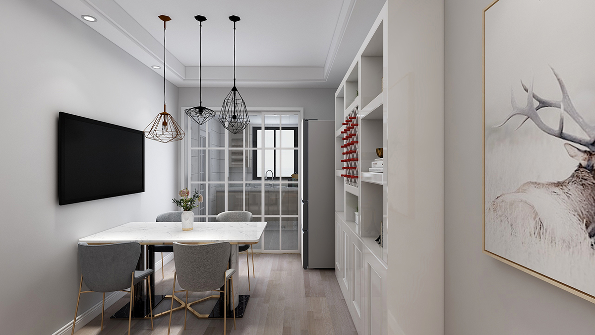 整個墻面采用灰色基調，搭配淺紋地板，白色邊柜，配上綠植，生活情調就展現出來了。
